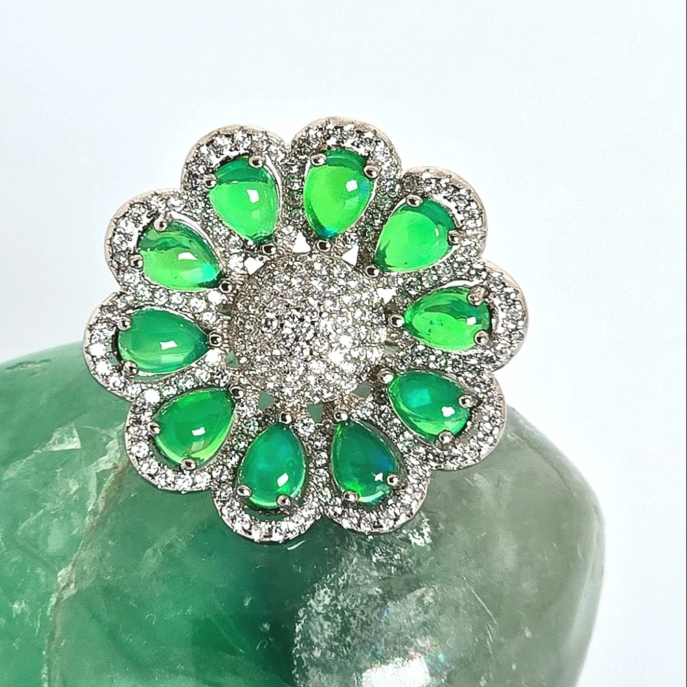 Natural Clarity Enhanced Green Fire Opal 6x4mm 925 Sterling Silver Ring Sz 7.75 - Picture 2 of 10